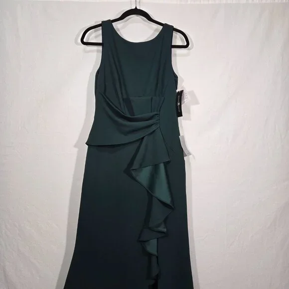 BETSY ADAM "Christine" PINE Scuba Crepe Ruffle Bow Slit Formal Gown Dress Size 8 - Picture 3 of 17